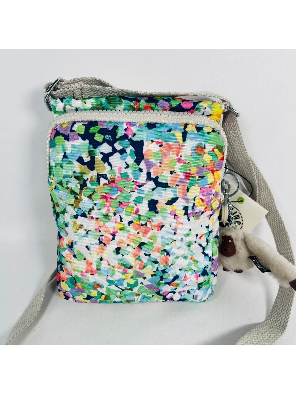 Kipling Multicolor Mosaic Canvas Mini Crossbody Bag NWT Flap Purse Monkey Charm